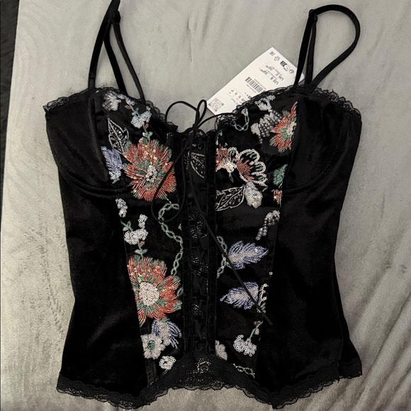 Zara Tops - Zara Black Floral Embroidered Corset Top